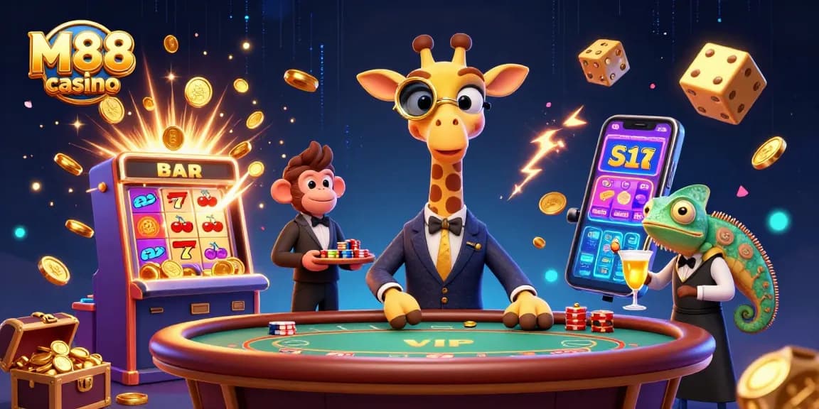 Experience the excitement of M88 casino with a giraffe high-roller at a poker table amid a jackpot explosion.