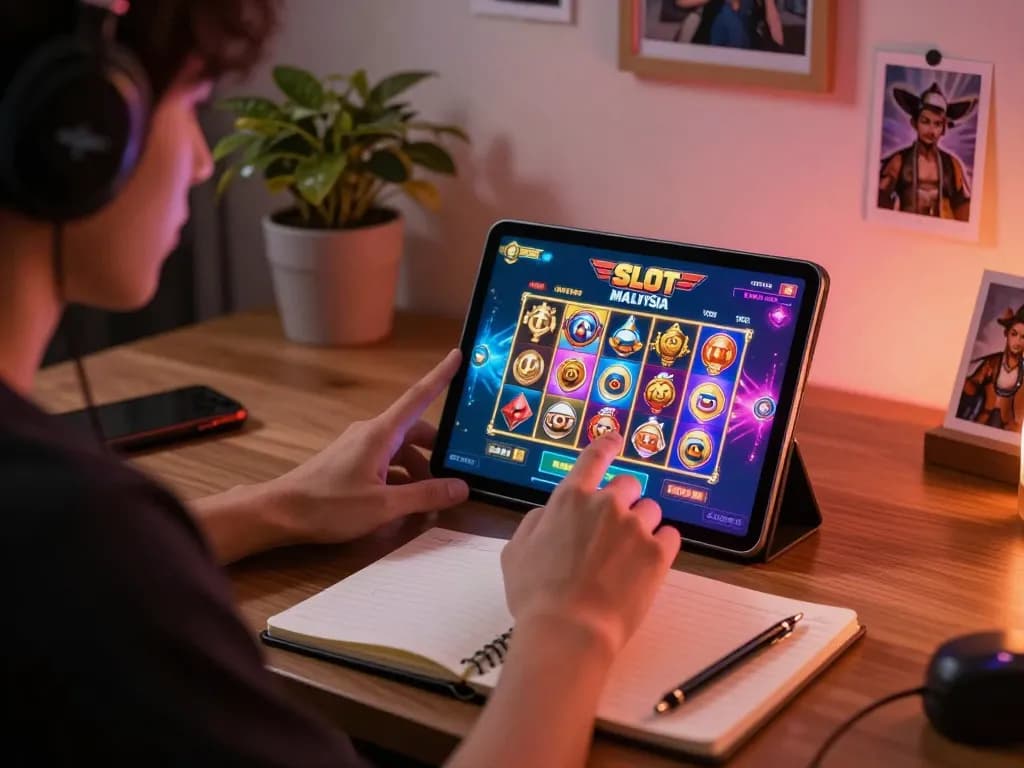 Engaging player explores Slot Malaysia online slot games on tablet in a cozy home setting