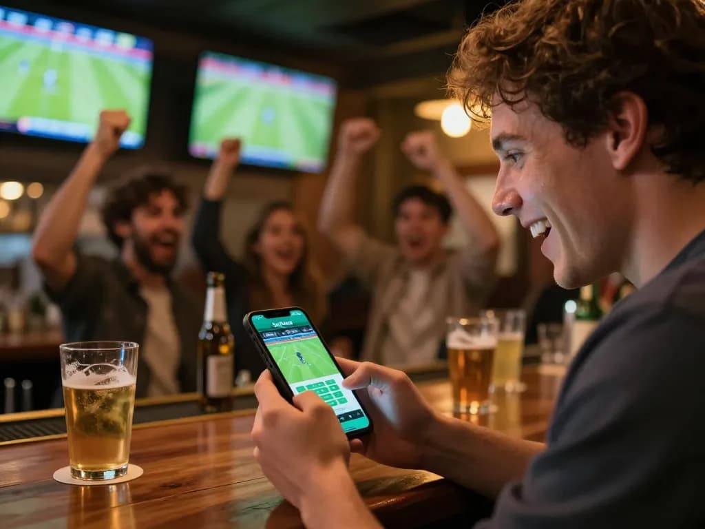 Socolive app user placing a bet on football matches in a lively sports bar atmosphere.