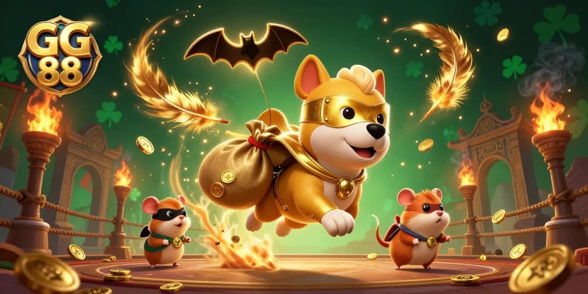 Engage in thrilling gaming action with GG 88 featuring a heroic dog champion surrounded by gold coins and casino elements.