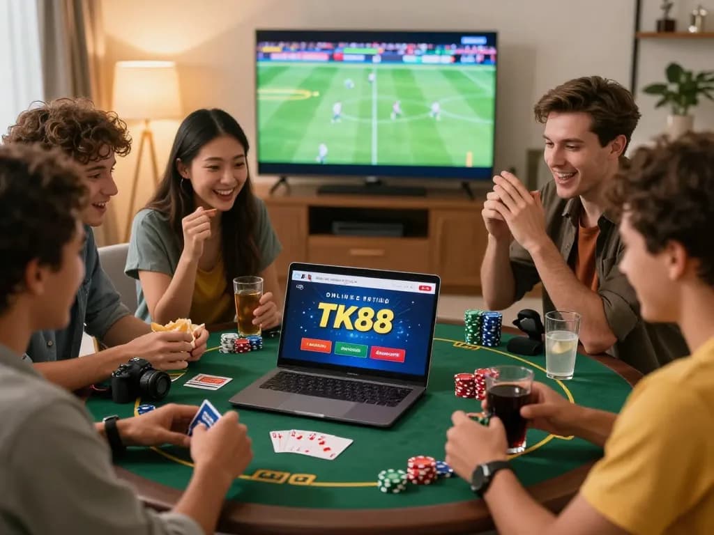 Friends playing on TK88 online betting platform in a cozy living room, showcasing excitement and gambling fun.