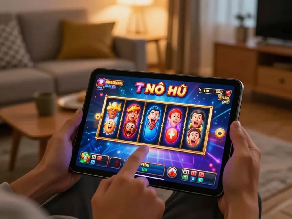 Nổ hũ gameplay in action on a tablet, presenting vibrant slot game features in a cozy home setting