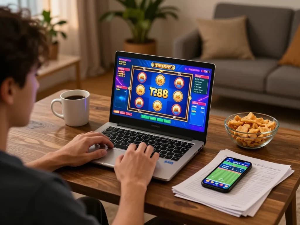 Engaged player enjoying tr88 slot games on laptop at home, showing strategic notes and sports betting.