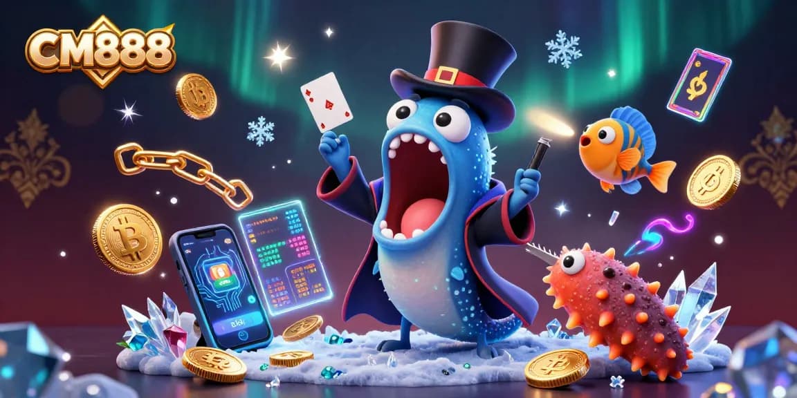 CM888 showcases a vibrant casino magic scene with glowing crypto elements and playful sea creatures.