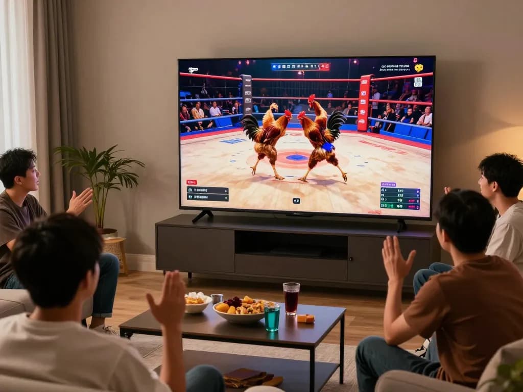 Xem đá gà trực tiếp HD trên màn hình lớn với những người xem phấn khích thưởng thức trận đấu trong không gian ấm cúng tại nhà.