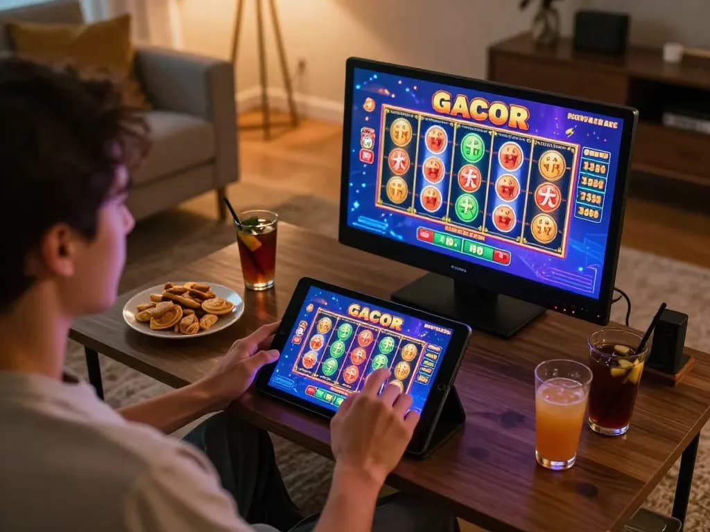 Engaging with slot gacor games on a tablet in a cozy home setup, showcasing exciting gameplay.