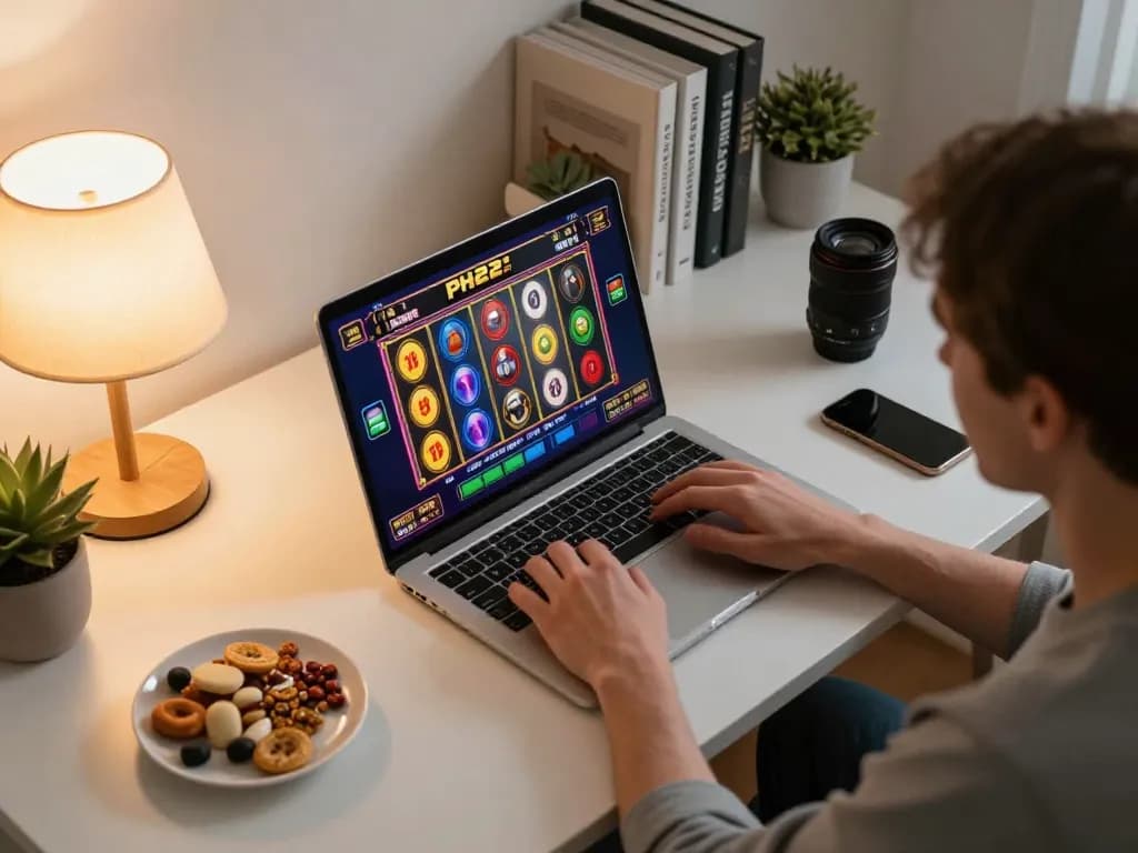 Playing slot games on PH22 online casino with vibrant screens, snacks, and cozy lighting