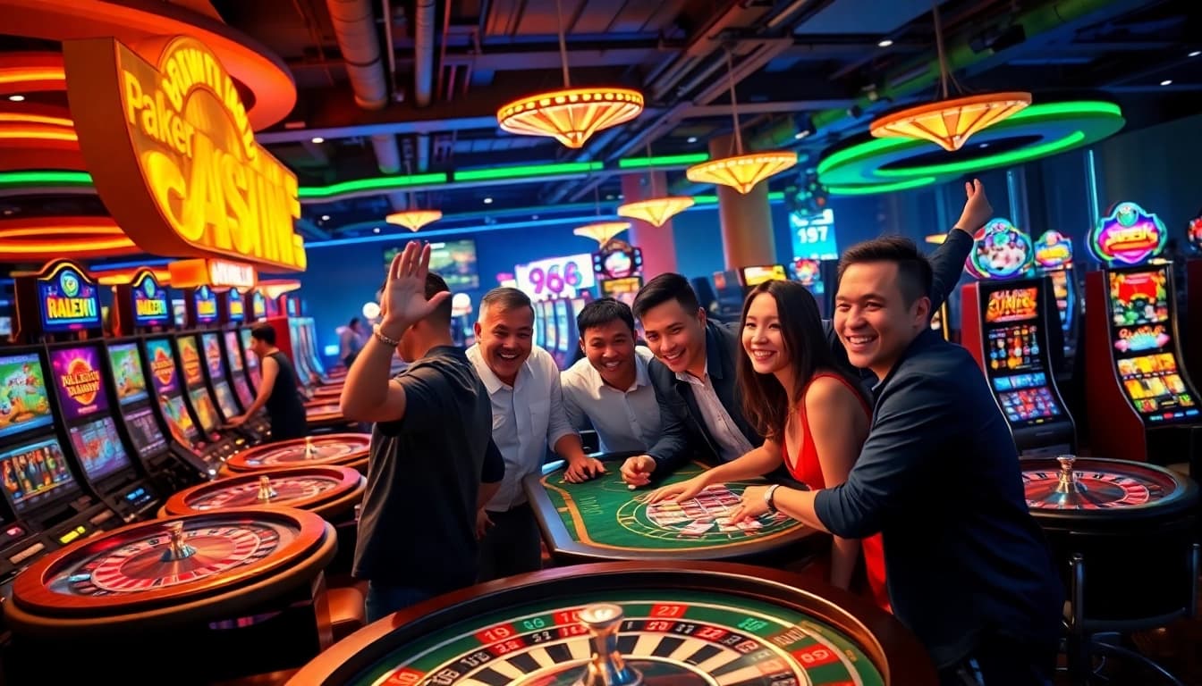 Experience the thrill of 98win casino with vibrant gaming tables filled with excited players winning big.