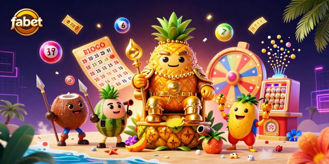 Experience fabet's vibrant casino energy with a golden pineapple king in a lively setting.