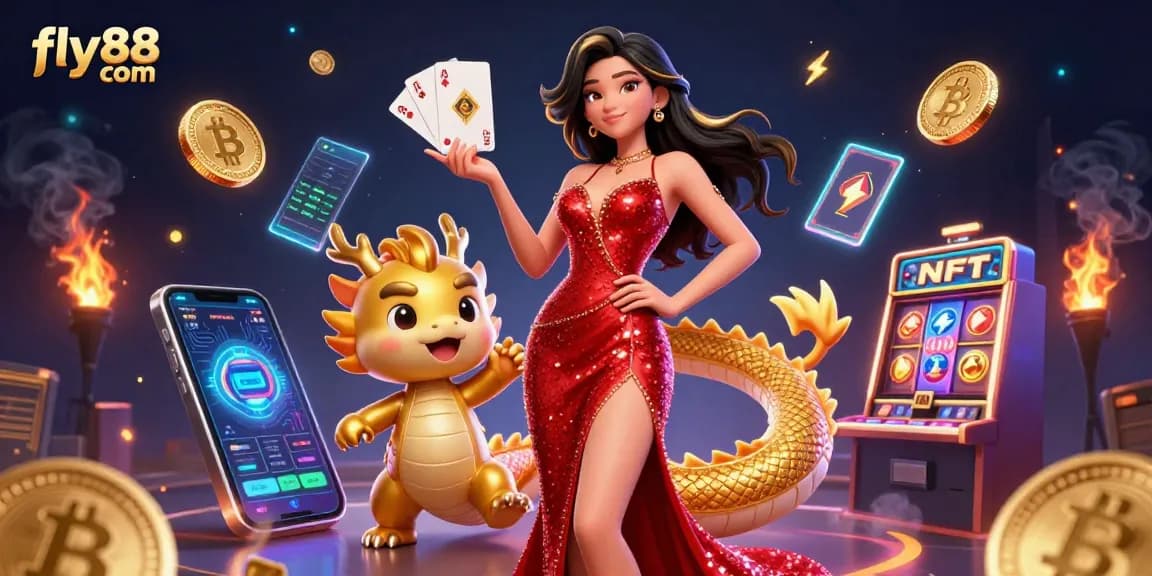 Excite players at fly88 com with vibrant 3D casino scene featuring slots, a stunning woman, and a dragon mascot.