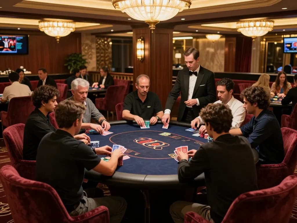 Players strategizing at HAY88x exclusive poker table in a luxurious casino setting