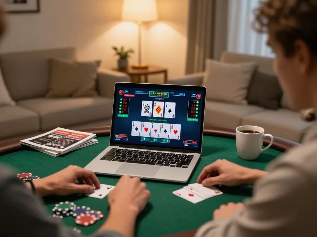 rik88 player focusing on online poker game at home with strategy notes