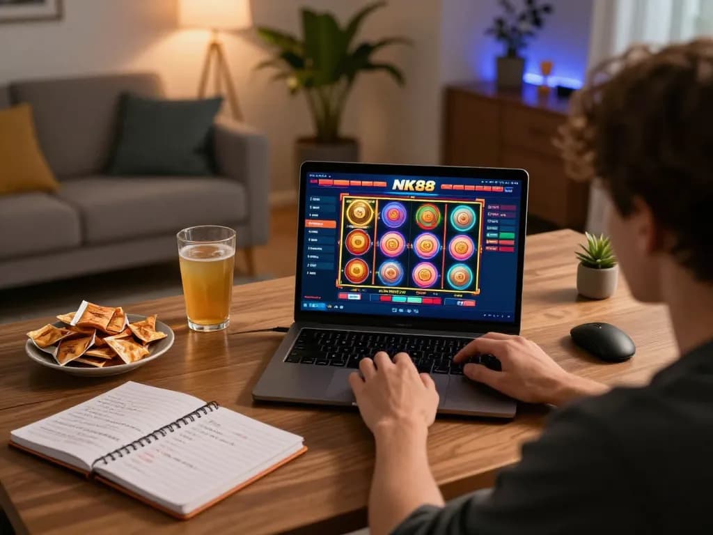 NK88 user engaged in thrilling online gaming experience with vibrant slot game display.