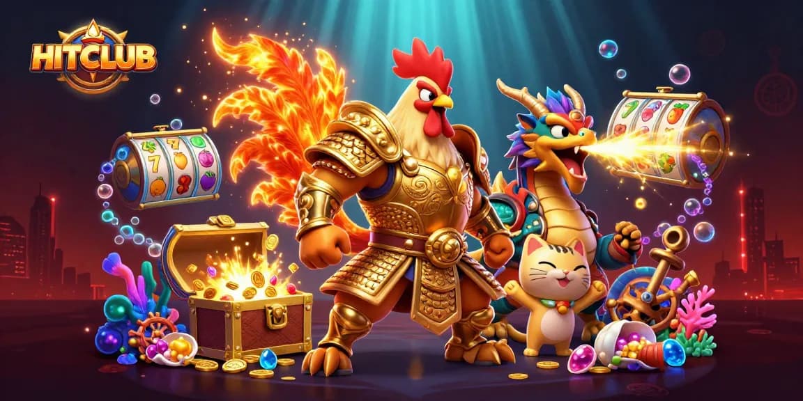 Engage with HITCLUB's immersive 3D casino illustration featuring vibrant characters and dynamic slot elements.