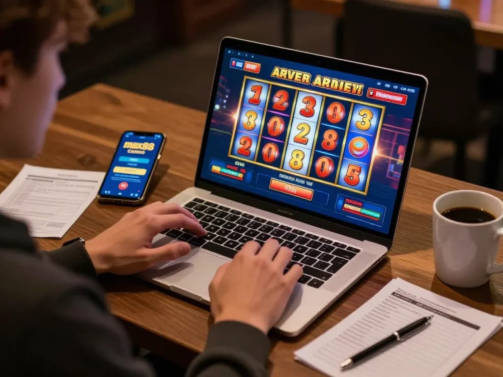 Enjoying max88 slot games on a laptop while managing bankroll notes in a cozy home workspace.