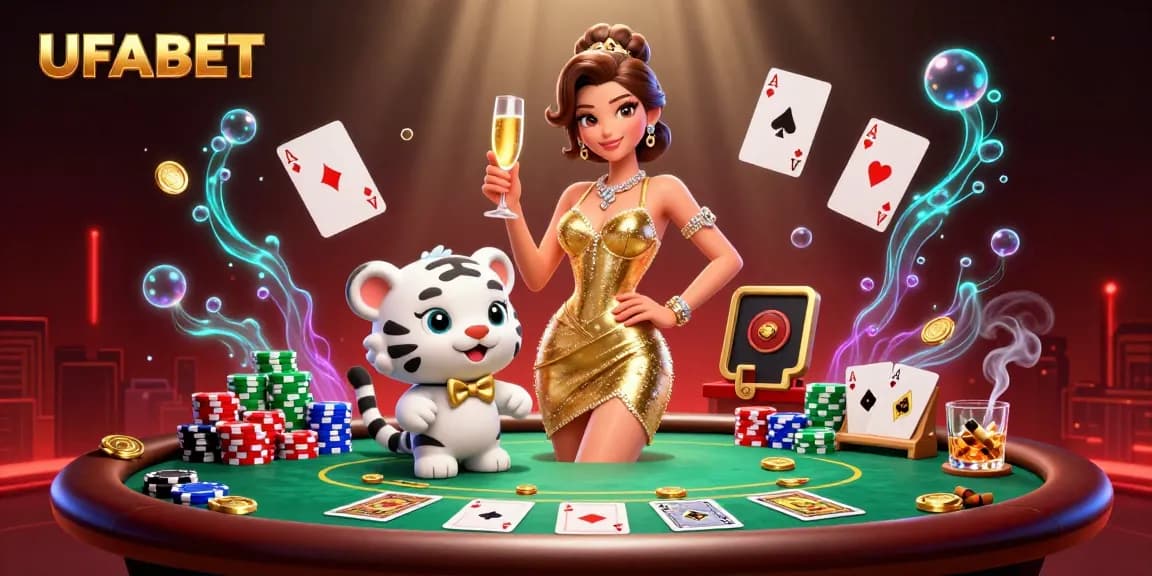 Experience the excitement of UFABET online gaming with a glamorous casino scene featuring a stylish woman and a lucky tiger.