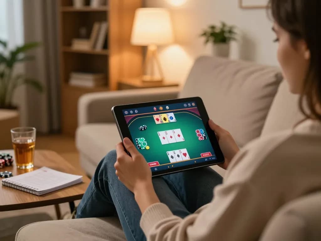 A player enjoys online poker on com, engaged in strategic gameplay in a cozy living room.