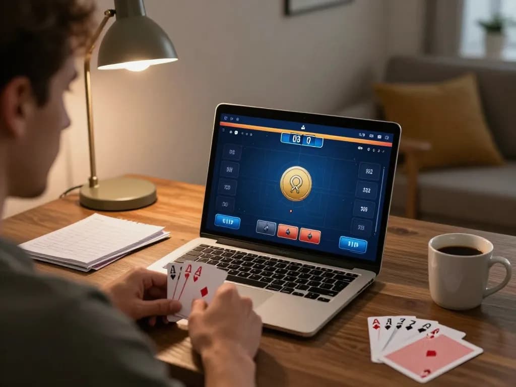 Dynamic online gaming scene featuring Nhà cái VB88 poker interface, player analyzing cards.