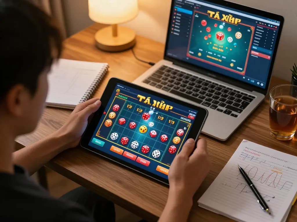 Tài Xỉu online gameplay on tablet, showing virtual dice and betting actions in action-packed home environment.
