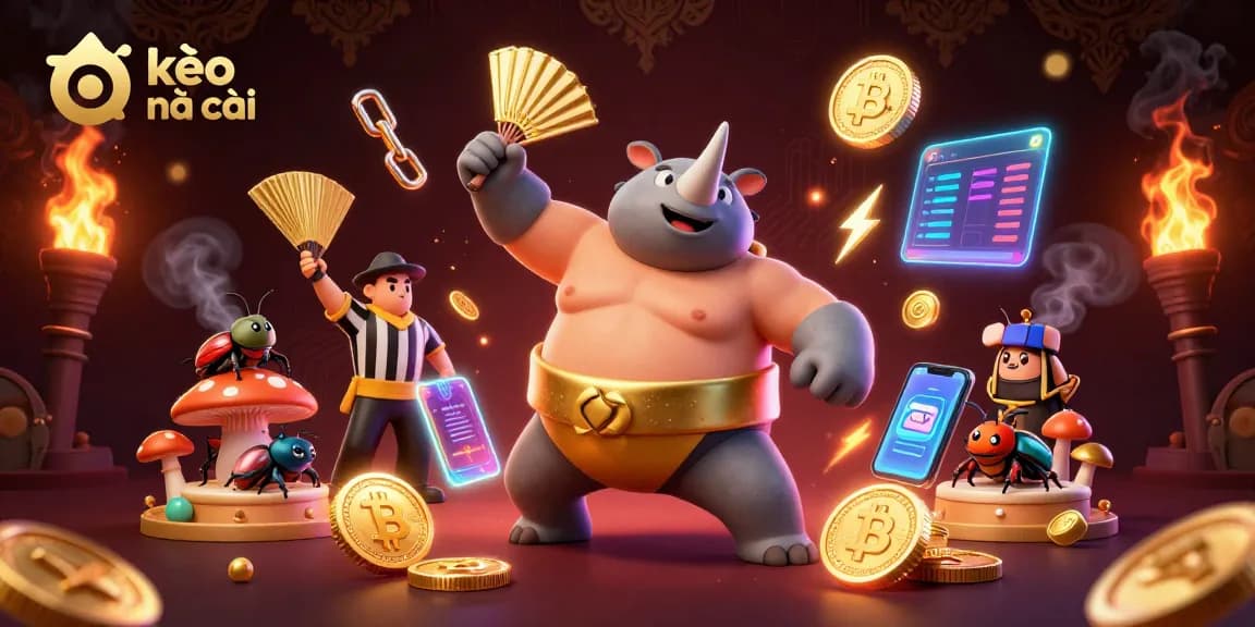 Engage with kèo nhà cái as a sumo beetle champion wins coins in a thrilling gambling illustration.
