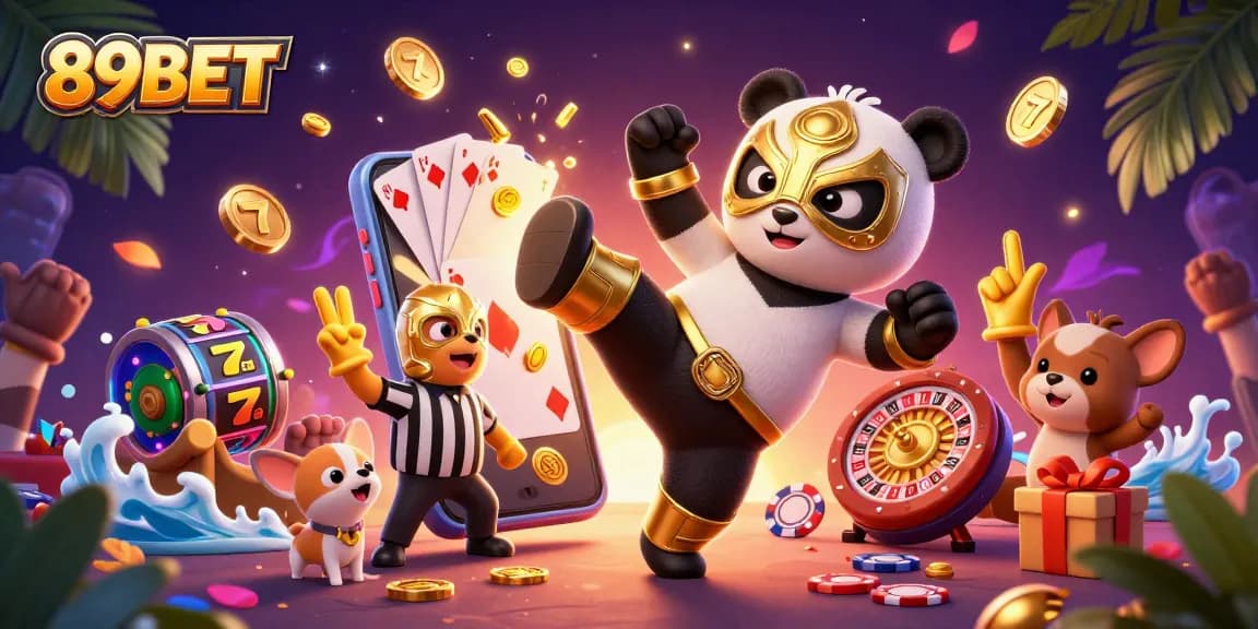 89BET showcases lively casino action with a panda wrestler, golden coins, and playful characters.