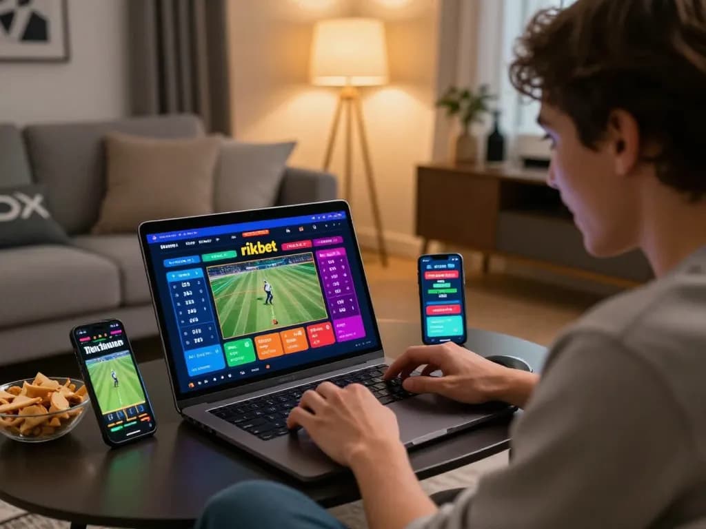 Engaging online betting with rikbet on a laptop in a vibrant living room setting.