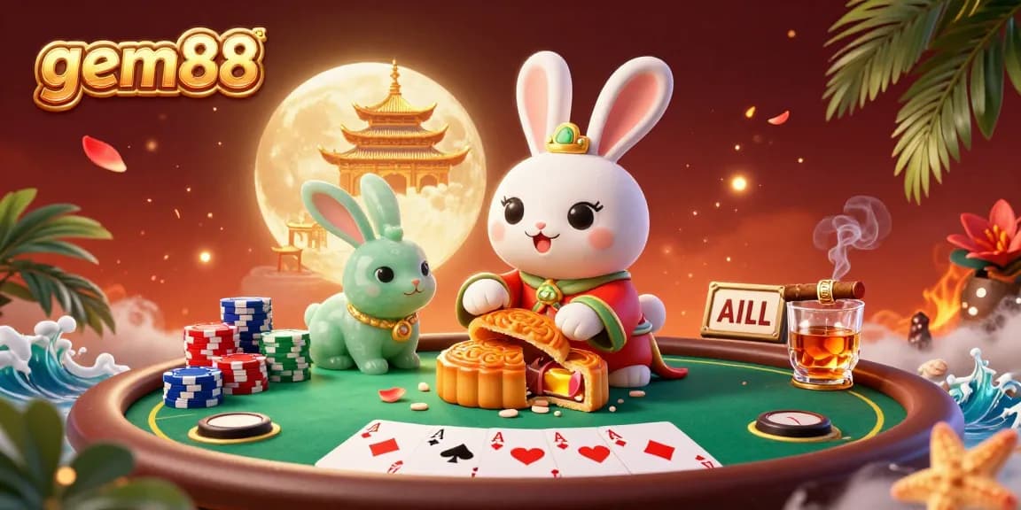 Experience gem88's vibrant casino action with a moon rabbit and poker elements in a colorful scene.