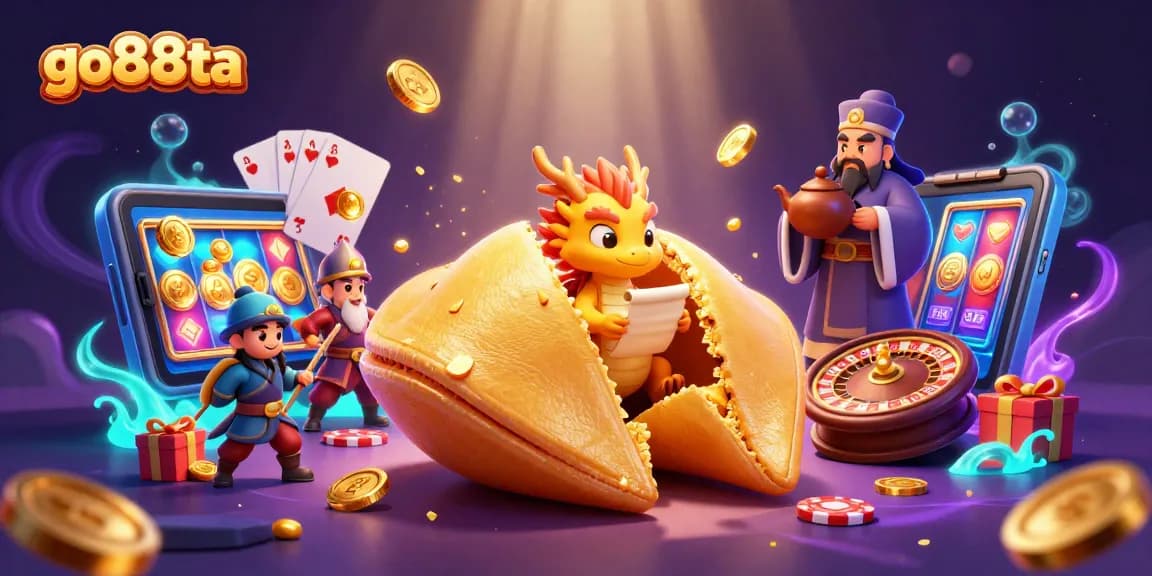 Engage in fun gaming adventures with go88ta, featuring a vibrant 3D scene of a golden fortune cookie and slot elements.