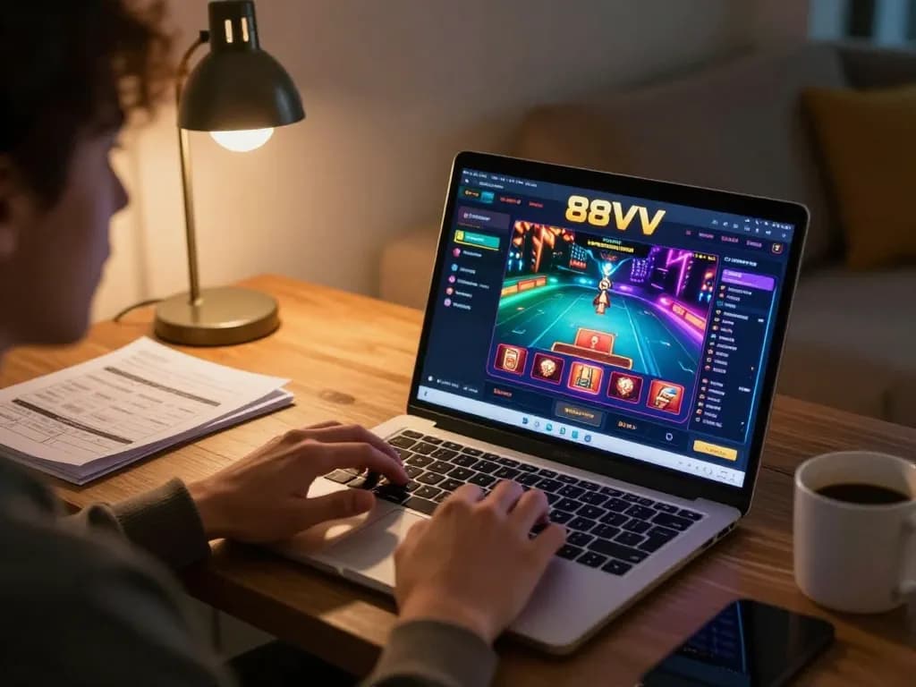Engaging gameplay experience at 88VV online casino on a laptop with a cozy ambiance.