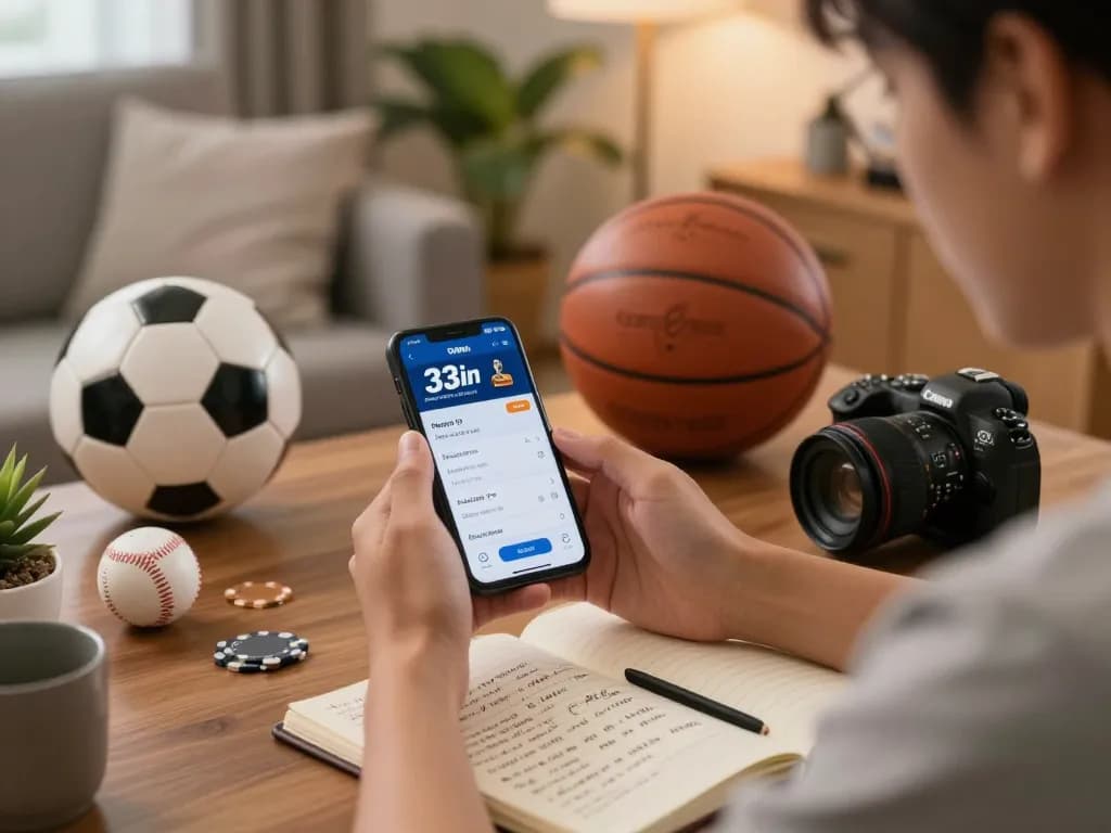 Experience online betting with 33win on a smartphone while surrounded by sports memorabilia.