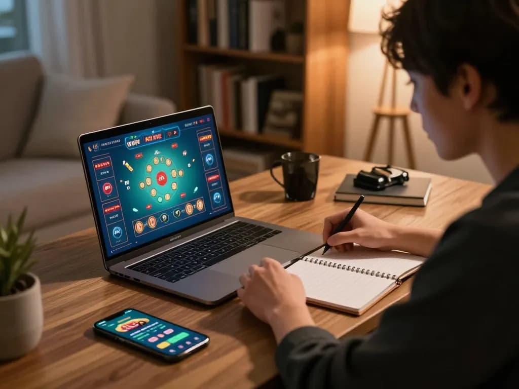 Engaging scene of a player immersed in tài xỉu online, analyzing strategies on a laptop with ambient home lighting.