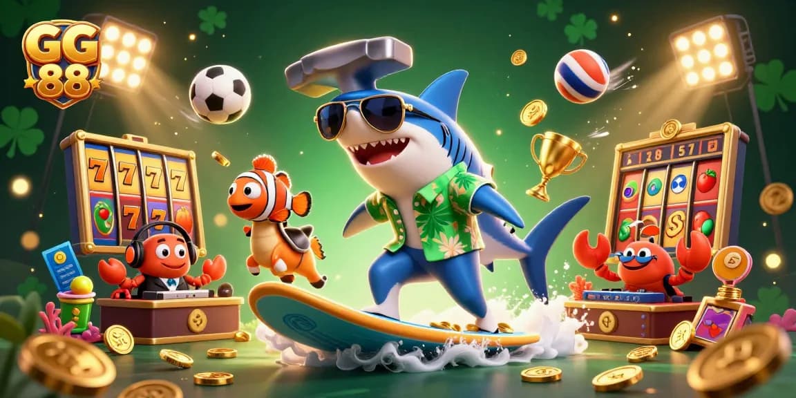 Experience the thrill of GG 88 with lively 3D characters surfing on gold coins amidst vibrant gaming elements.
