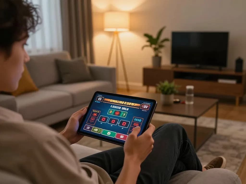 Engaging 8live online gaming scene featuring player using tablet for live casino action.