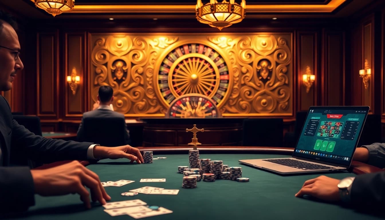 Engaging poker action at a luxury table showcasing nha cai uy tin online gambling.