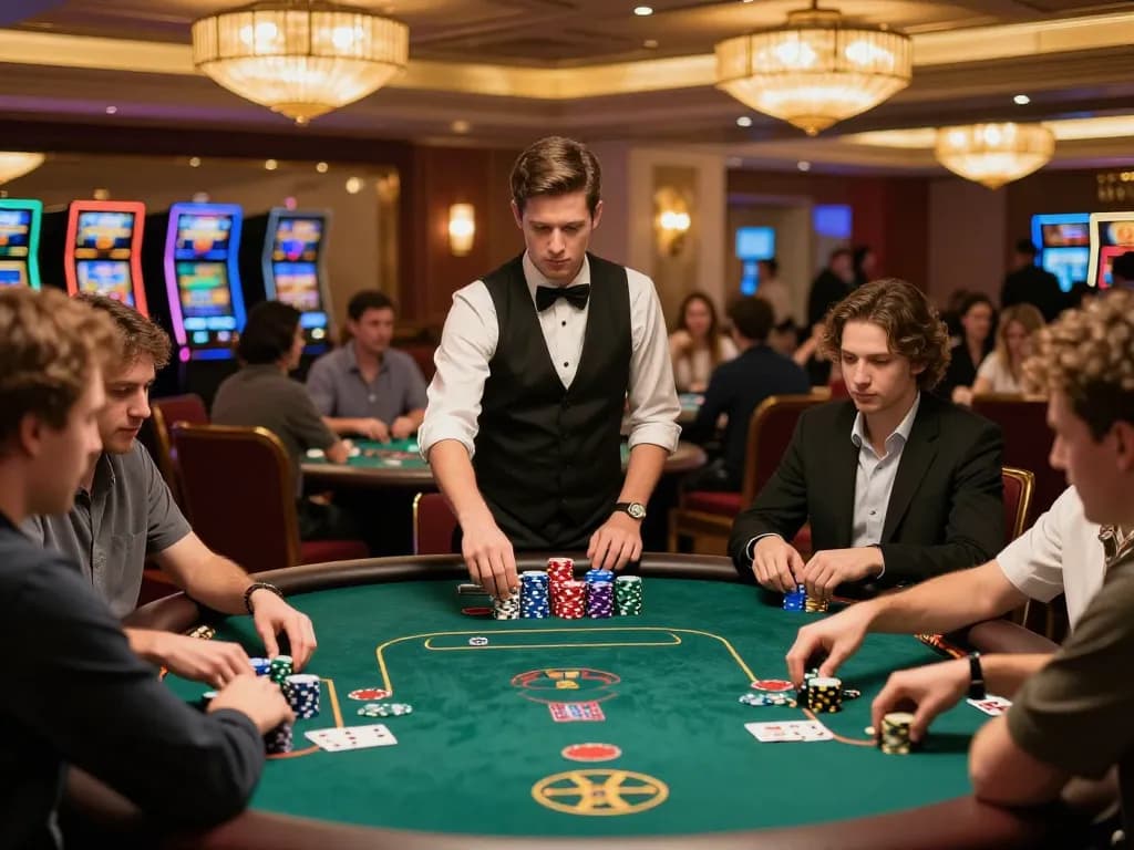Bongdallu players engage in strategic poker actions at a bustling casino table.