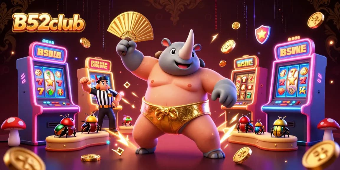 B52club features a lively 3D scene with cartoon beetle characters in a casino setting, engaging players.