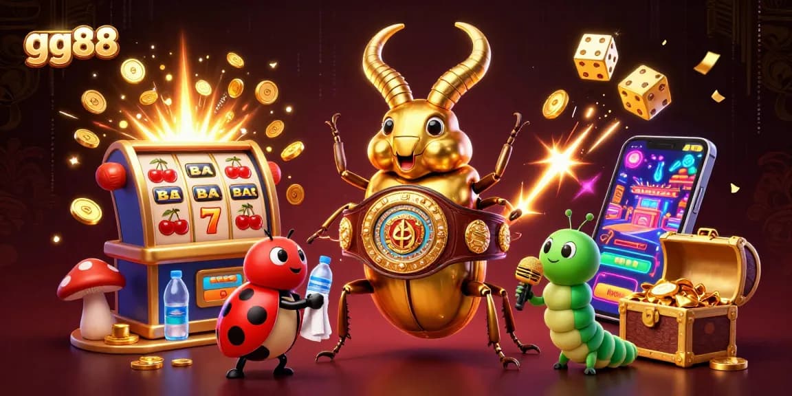 Experience the excitement of gg88 with a vibrant illustration featuring a triumphant beetle and dynamic gambling elements.
