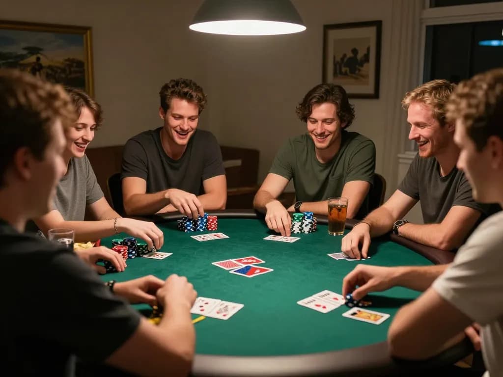 Friends enjoying poker game night at home with dafabet strategies highlighted.