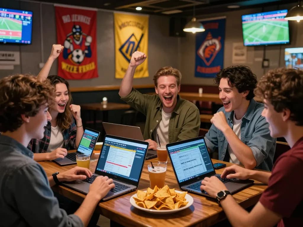 Friends engaging in sports betting at a bar, checking tỷ lệ kèo nhà cái hôm nay.