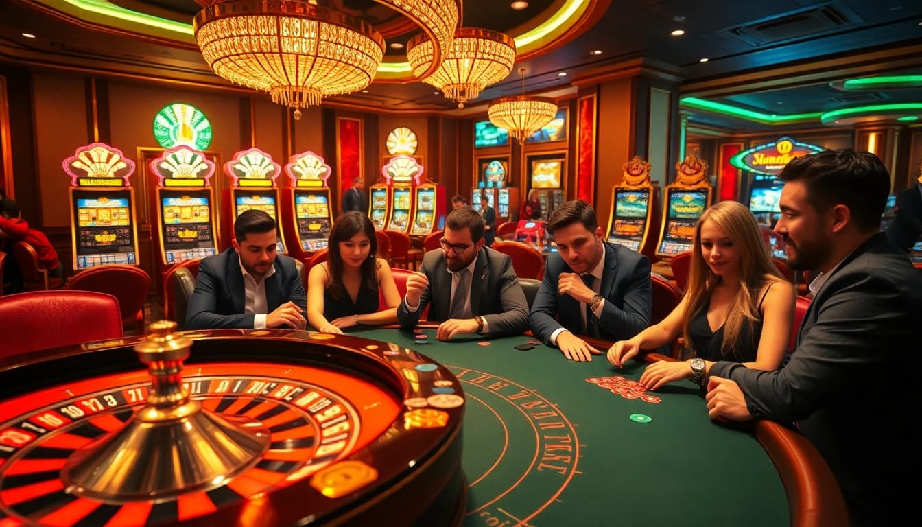 Engaged players at 3win casino enjoy a thrilling poker game with vibrant surroundings.