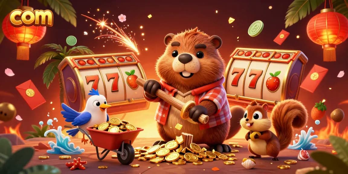 Engage with com gaming excitement as the charming beaver and friends celebrate winning big in a vibrant casino.