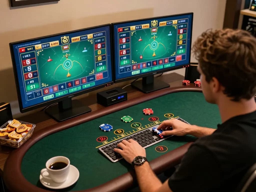 Player engaging in live dealer blackjack at home using river4 platform, showcasing professional setup and excitement.