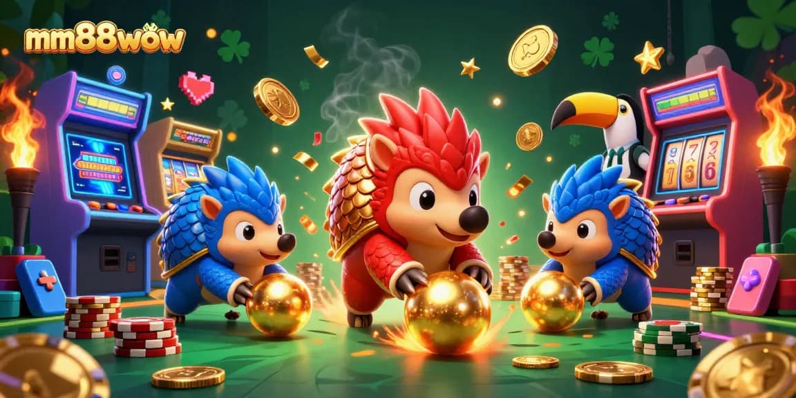 Experience thrilling gameplay with mm88wow as rival pangolins roll through golden balls and poker chips in a vibrant casino.