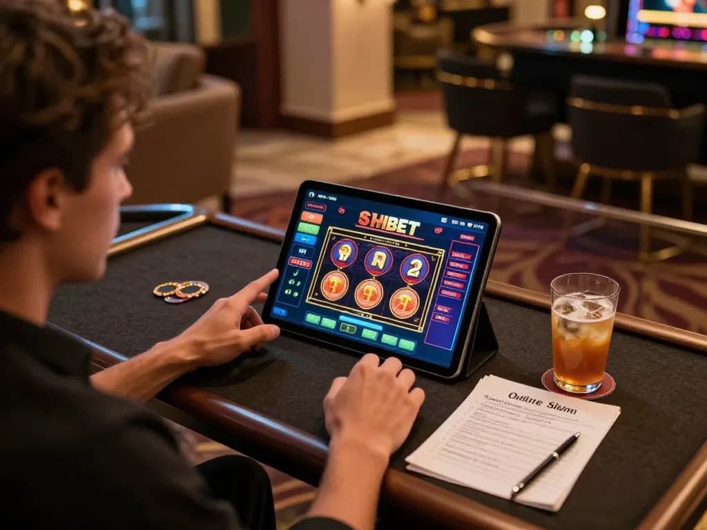 Engaged player using SHBET app on tablet for strategic online gambling in cozy atmosphere.