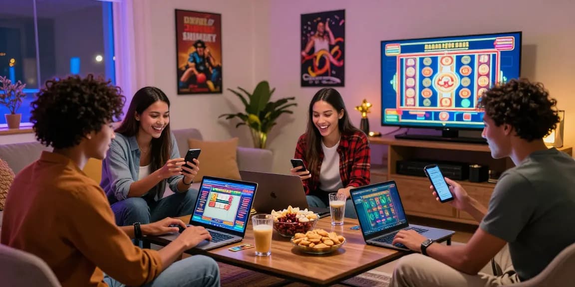 Excited friends enjoying online gaming at credit card casinos at https://transact.org.uk, showcasing a lively home atmosphere.