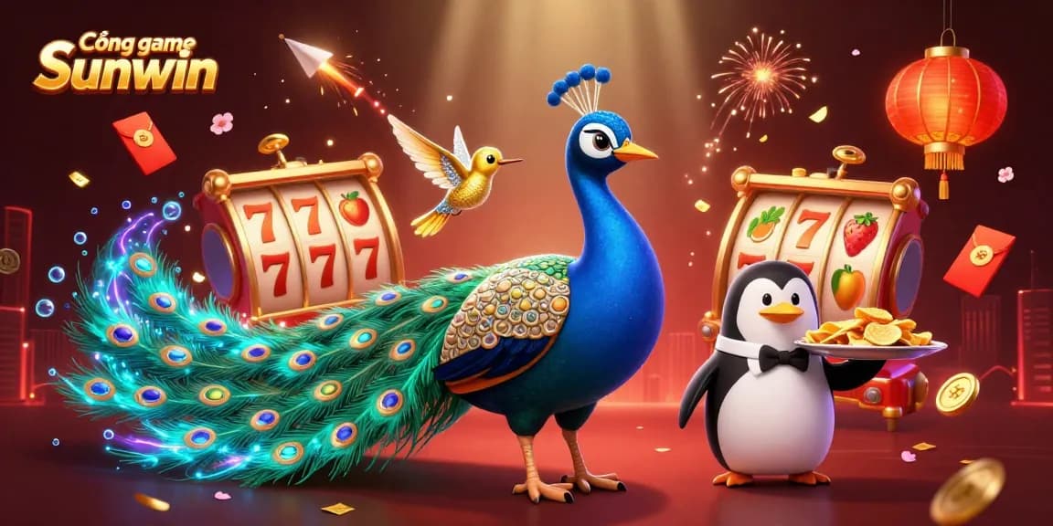 Cổng game Sunwin offers a vibrant animation of a peacock, penguin, and hummingbird amid dynamic casino elements.