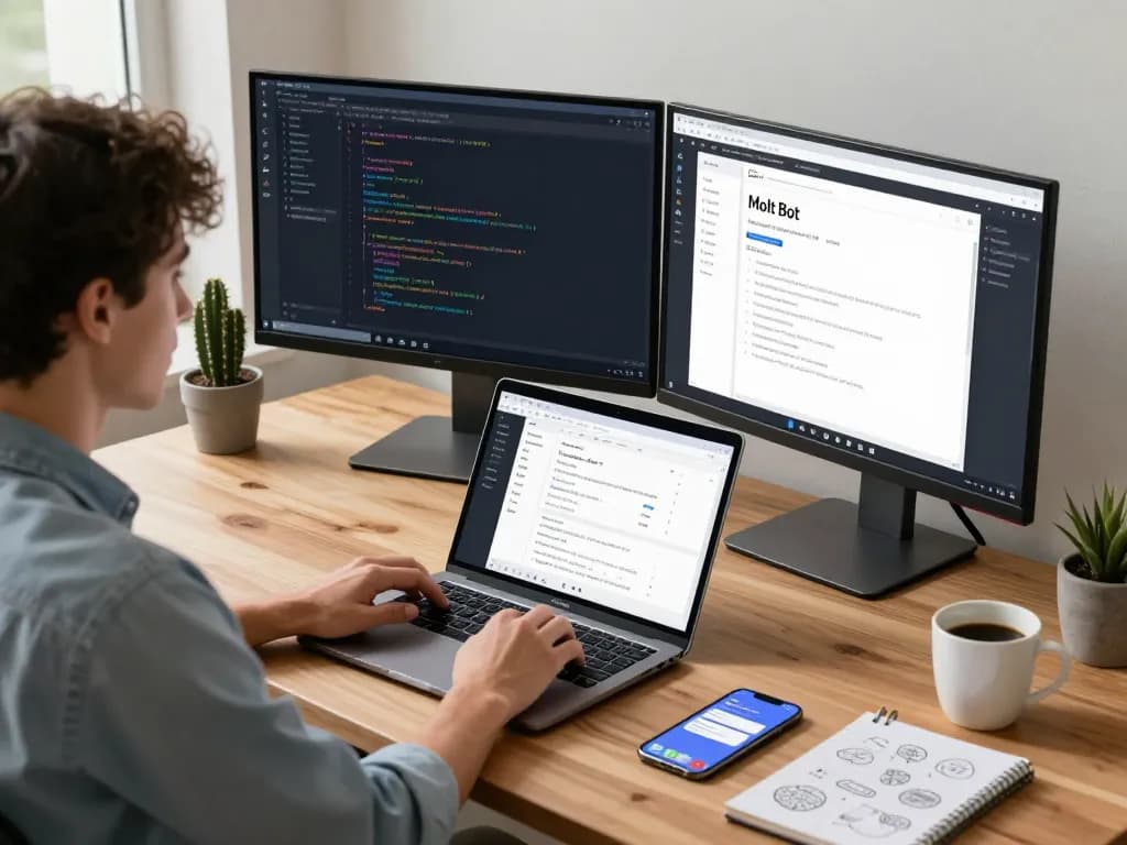 Molt Bot enhancing productivity in a modern home office with a developer managing tasks on multiple screens.