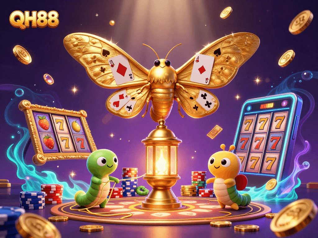 Experience the excitement of QH88 with this vibrant casino-themed 3D illustration, featuring unique gaming elements.