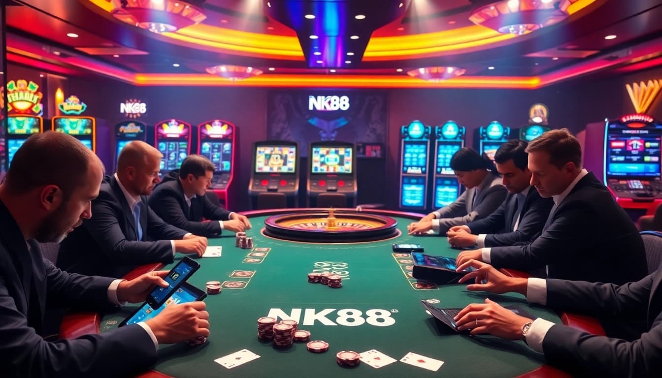 NK88 casino table game with players, vibrant ambiance, professional gambling experience.