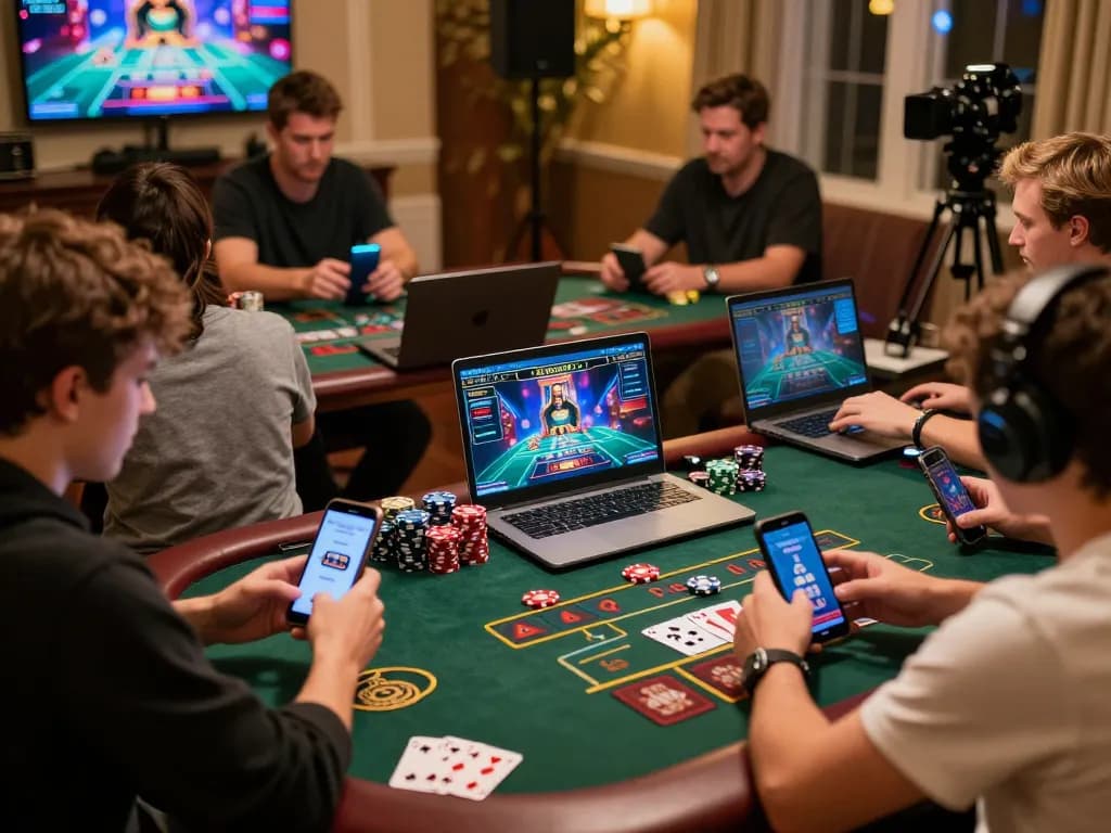 sky88 players engaging in live dealer games on modern devices in a vibrant online gambling scene